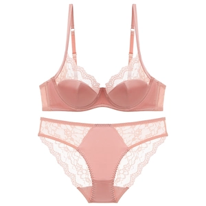 French lace lingerie set with push-up bra and matching panties in dusty pink