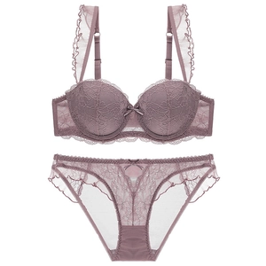 Elegant grey-purple lace lingerie set with ruffled mesh straps and matching panties