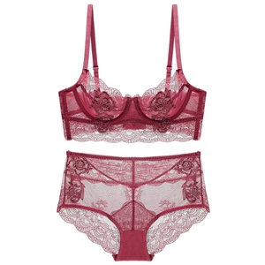 Detail of burgundy floral lace lingerie set with sheer mesh and eyelash embroidery