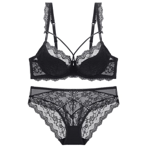 Dessous-Set aus schwarzer Blumenspitze mit BH und passendem transparentem Slip in Schwarz