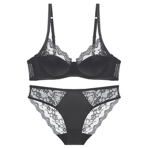 French style black lace lingerie set with satin cups and matching lace panty for women