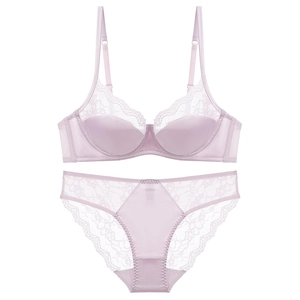 Elegant light purple French lace lingerie set with silk satin details and wire bra
