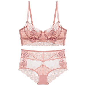 Pink sheer lace bra set with floral embroidery and supportive underwire for women