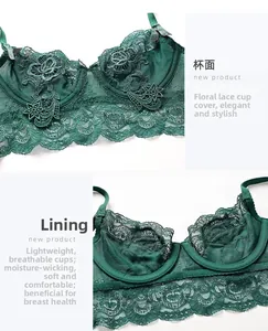 Detailed macro view of emerald green floral lace and breathable mesh lining texture
