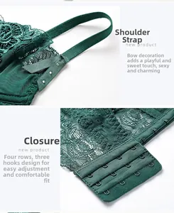 Detail of adjustable straps with bow décor and four-row back closure on green lace bra