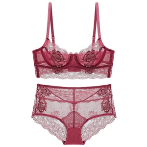 Sexy French-style ultra-thin sheer lace bra and high waist panty set in deep red wine
