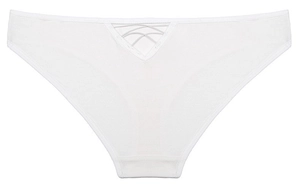 Macro shot of white cotton panties featuring hollow-out front and criss-cross strap details