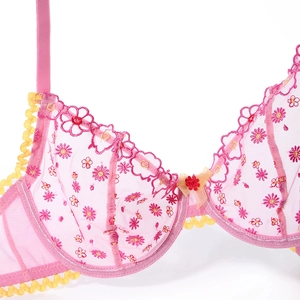Reggiseno rosa in rete trasparente con margherite ricamate, ferretto e bordo smerlato