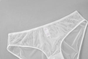Close-up of white sheer mesh fabric detail and elastic edges on women's lace underwear