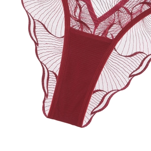 Detail of dark red sheer lace embroidery and sewing craftsmanship on the mesh panties