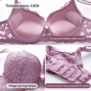 Reggiseno push-up in pizzo viola da donna con coppe imbottite e design di supporto