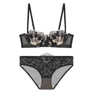 French style black lace lingerie set with floral embroidery and mesh details
