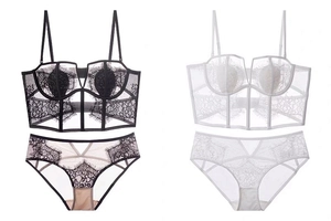 Lace bustier set featuring eyelash lace texture and fishbone corset structure in black and white