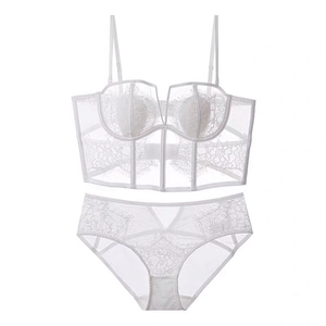 White French eyelash lace lingerie set with corset-style bra and matching panty