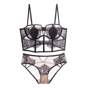 French style sexy black eyelash lace bustier lingerie set with floral mesh details