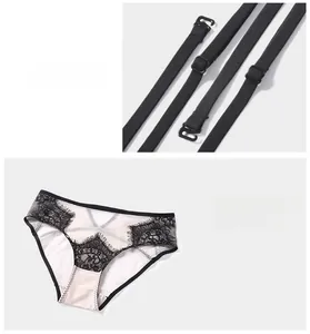 Detail of adjustable elastic straps and floral lace mesh panty with sheer side panels