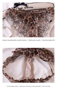 Detail view of leopard print lace panties with breathable mesh fabric and white lace trim