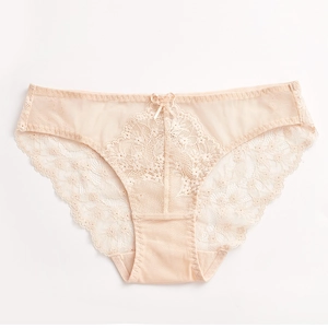 French style sheer floral lace panties in beige with low waist and ribbon bow