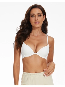 Gros plan d'un soutien-gorge blanc à boucle avant avec fines bretelles et bonnets lisses