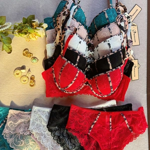 Detailed overhead view of lace lingerie sets with leopard trim and pearl accessories