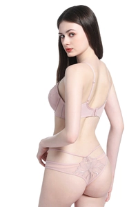Detailed back view of light purple lace lingerie set with floral embroidery and mesh