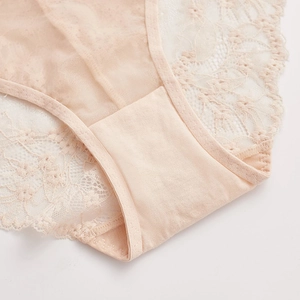 Sexy Spitzenunterhose mit Baumwollzwickel, atmungsaktivem Blumenmuster und nudefarbener Mesh
