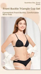 French style front closure black wireless triangle bra set with seamless design
