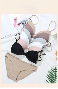 Detailed flat lay of French style front-closure triangle cup bras in six various colors