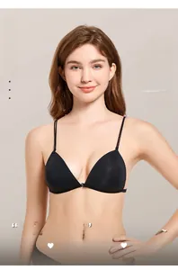 Detailed close-up of a black seamless triangle bra with front closure and thin straps