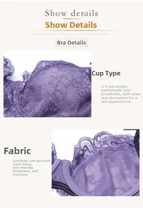 Close-up of sheer purple lace bra featuring 3/4 mold cups and breathable mesh lining