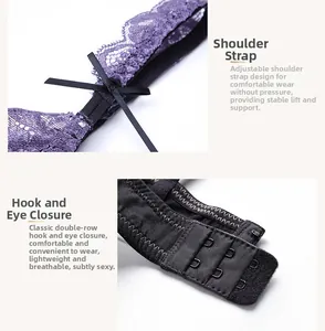 Detail of adjustable straps with bow and double-row back buckles on purple lace bra