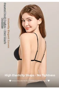 Detail of black seamless bra with elastic thin straps and low back design for comfort