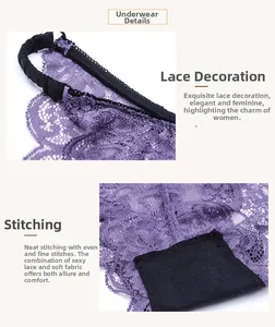 Detail view of purple lace panties showing elastic waistband and floral embroidery