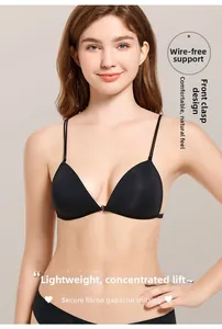 Detailed view of black front-closure wireless bra with minimalist thin double straps