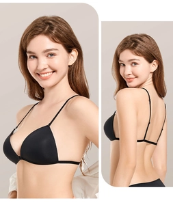 Detailed front and back view of a black seamless bralette with front closure and thin straps