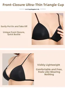 Front closure ultra-thin triangle cup bra with seamless black fabric and slim straps