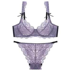 Elegant purple lace lingerie set with floral patterns and delicate black bow accents
