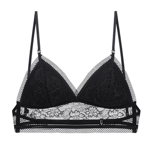 Close-up of black lace triangle bra featuring delicate floral patterns and mesh detail