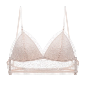 Detail of light pink floral lace triangle bralette with sheer bottom band and thin straps