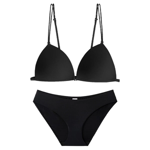 French style black front-buckle triangle cup wireless bra and panty set with rib texture