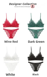 Lace and satin lingerie sets displayed in burgundy, dark green, white, and black colors