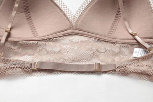 Detail of soft lace trim, adjustable straps, and gold metal buckles on a dusty pink bra