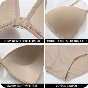 French style front-closure seamless triangle cup wireless bra and panties set in beige