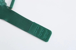 Detail of dark green lace bra showing the three-row hook and eye back closure