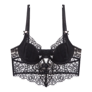 Detail of black eyelash lace bustier with pleated cups and pink floral accents