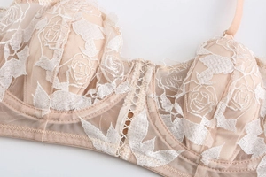 Detailed close-up of French floral embroidery lace on a nude color bra set