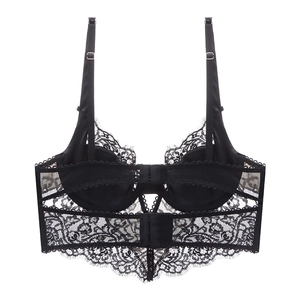 Detailed close-up of French eyelash lace and back clasp closure on longline black bra