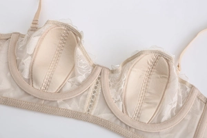 Detailed view of beige floral lace embroidery and sheer mesh on French style bra