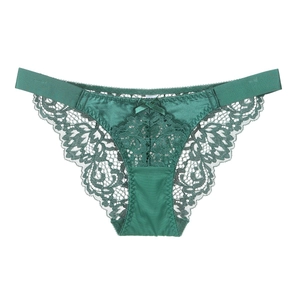 Flat lay of dark green lace panties with silky satin fabric and a small bow detail