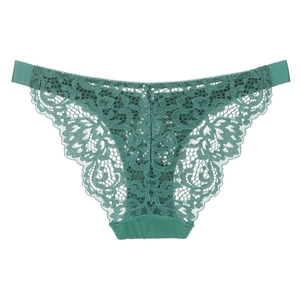 Close-up of elegant dark teal floral lace underwear with delicate scalloped edges